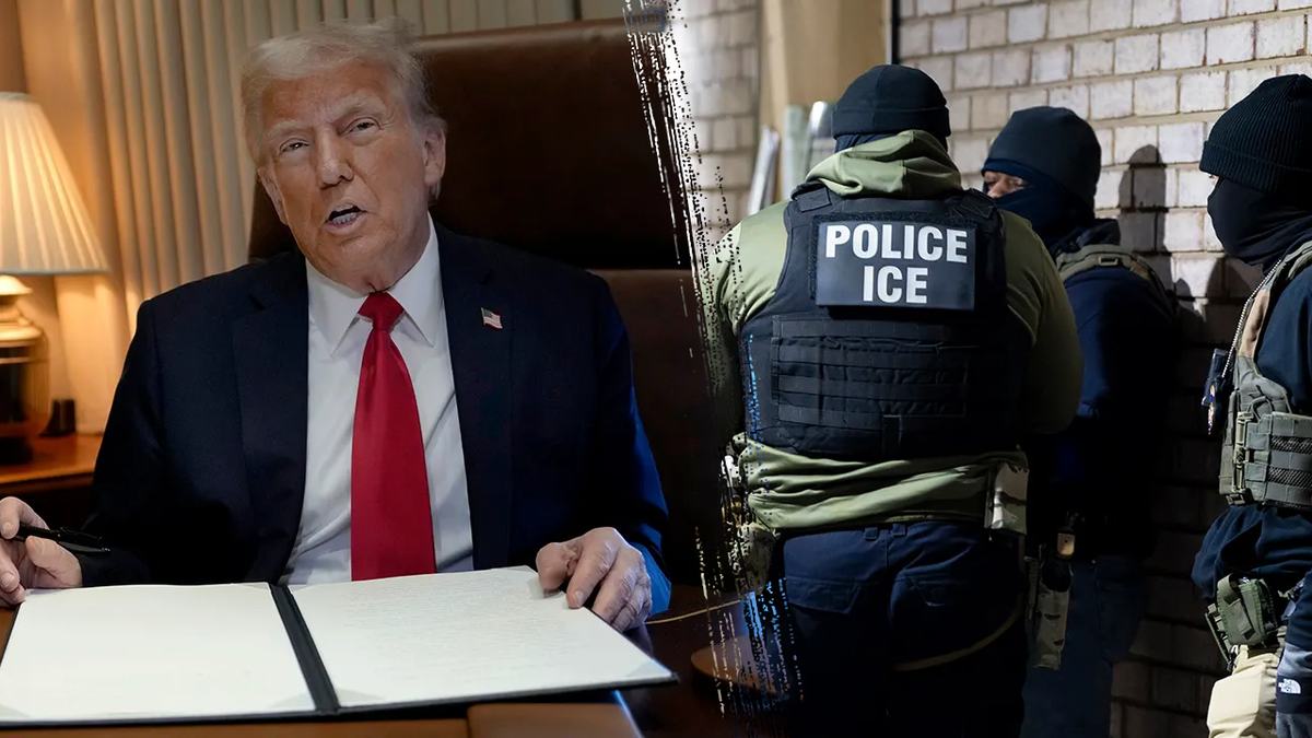 Trump with document on desk, left; inmates, right