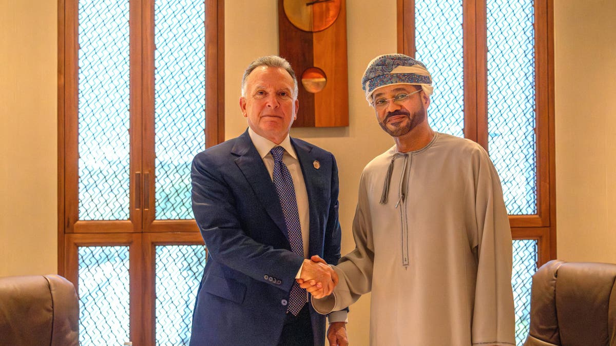 U.S. Special Envoy to the Middle East Steve Witkoff shakes hands with Omani Foreign Minister Sayyid Badr Albusaidi in Muscat, Oman, Apr. 12, 2025.