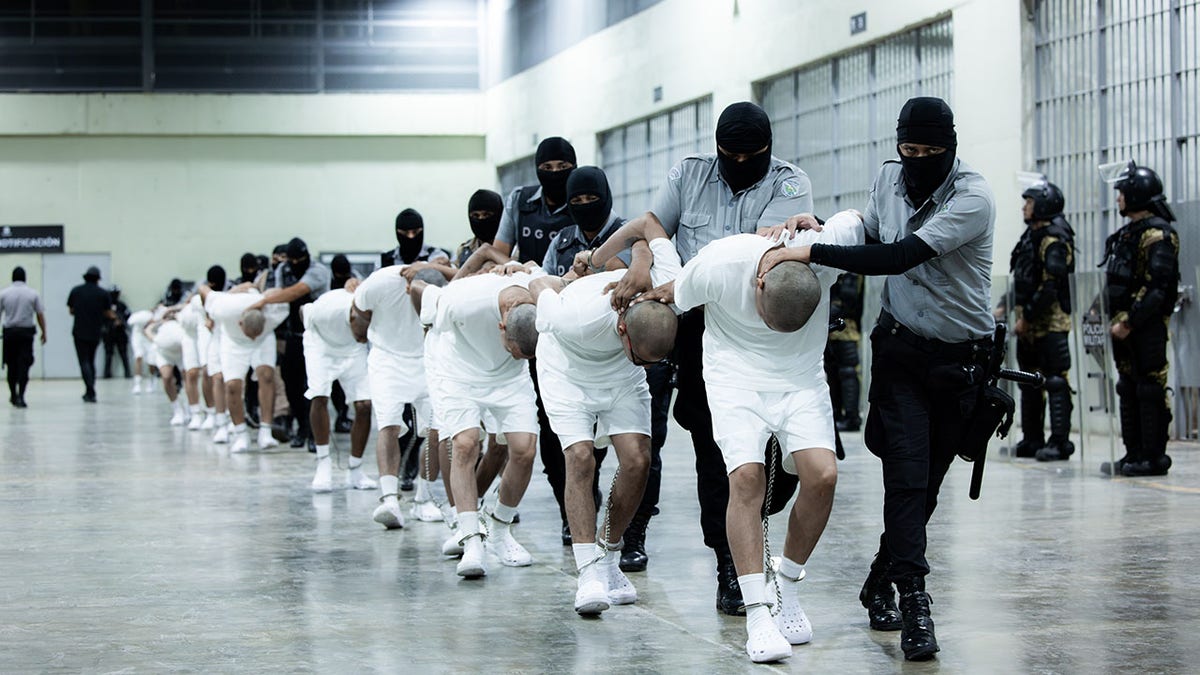 EL Salvador guards marching TdA gang members in prison