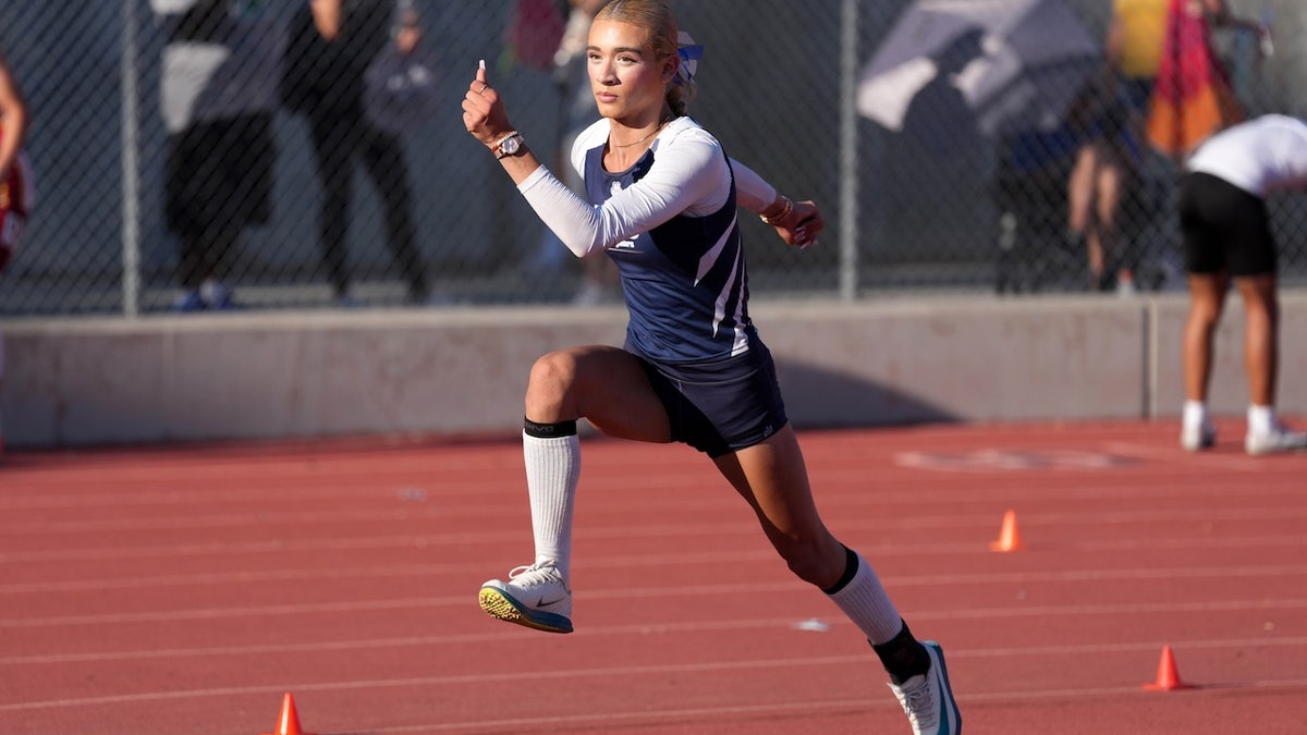 AB Hernandez of Jurupa Valley competes in the girls high jump during the CIF Southern Section Division 3 Track and Field preliminaries at Nathan Shapell Memorial Stadium at Yorba Linda High School on May 10, 2025 in Yorba Linda, California.
