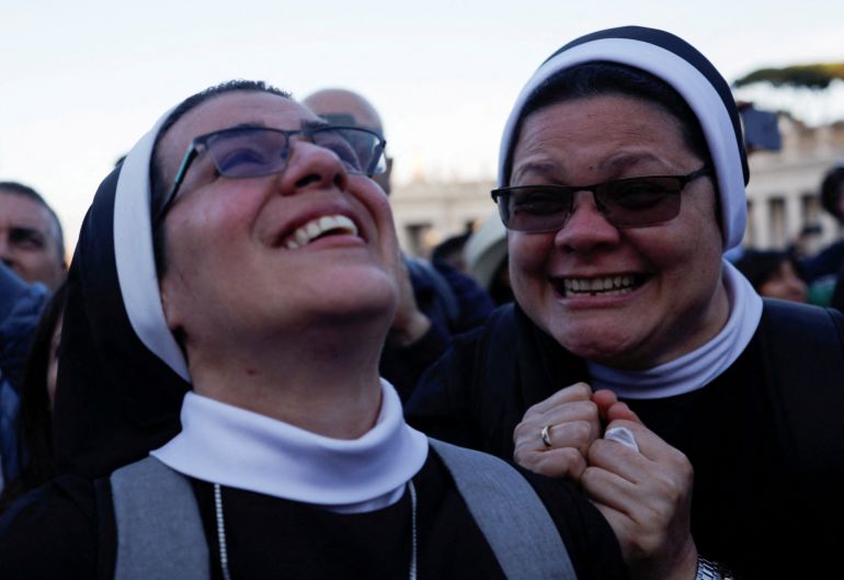Nuns react with glee in St Peter's Square as the new Pope Leo XIV is announced.