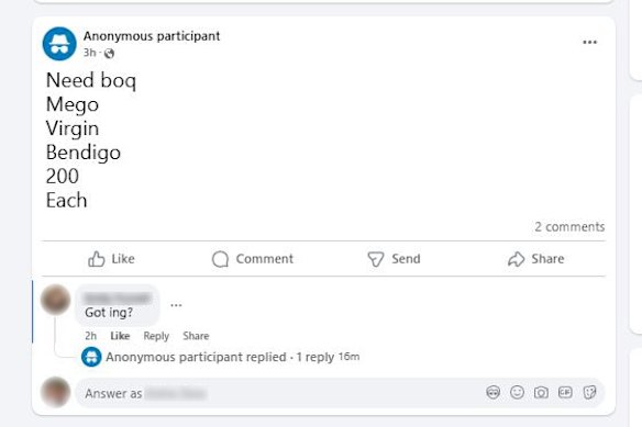 Another Facebook user claims to offer money in exchange for access to Australian accounts.