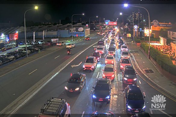 The traffic build-up on Parramatta Road at Granville after two people were shot in a car.
