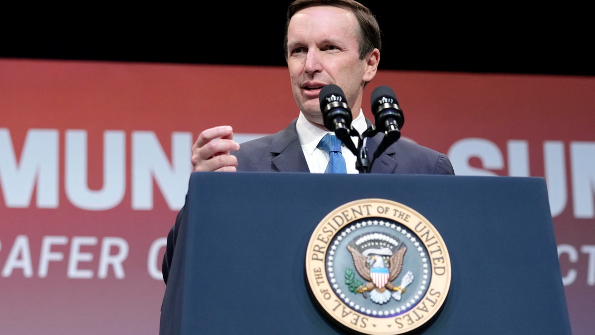 Democratic Sen. Chris Murphy of Connecticut speaks at the National Safer Communities Summit at the University of Hartford in West Hartford, Connecticut, on Friday, June 16, 2023.