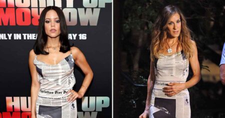 Jenna Ortega Channels Carrie Bradshaw in Rare Vintage Dior Newspaper Dress