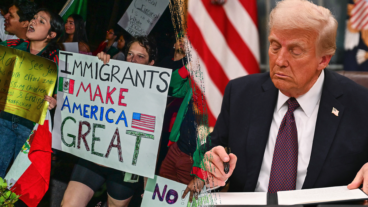 protesters; Trump signing document