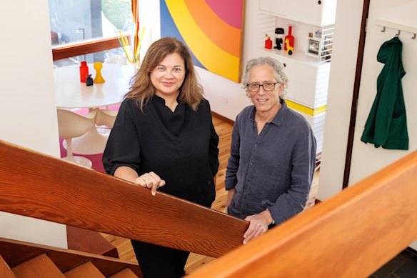 Kathryn Franco and Colin Sevitt at Adam and Nikki Stewart’s Pettit+Sevitt home in Beacon Hill. Franco is writing a book on Pettit+Sevitt homes and Sevitt is the son of company co-founder Ron Sevitt.
