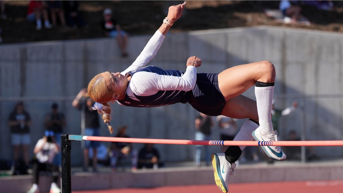 AB Hernandez of Jurupa Valley competes in the girls' high jump during the CIF Southern Section Division 3 Track and Field preliminaries at Nathan Shapell Memorial Stadium at Yorba Linda High School on May 10, 2025, in Yorba Linda, California.