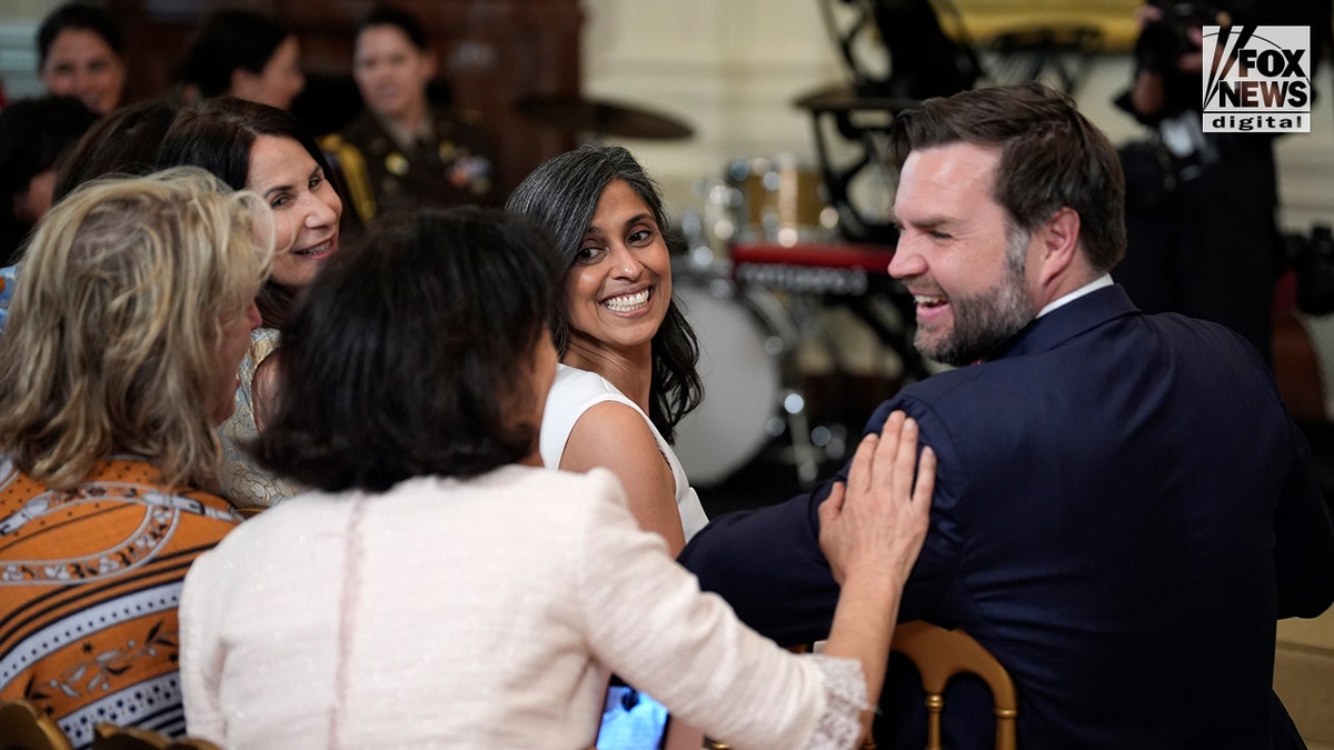 JD Vance and Usha Vance attend an event for military moms in the White House hosted by First lady Melania Trump