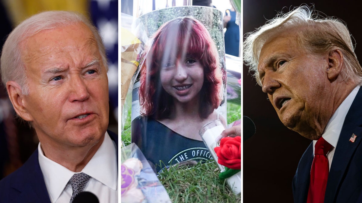 Jocelyn Nungaray pictured in a split image showing Biden and Trump