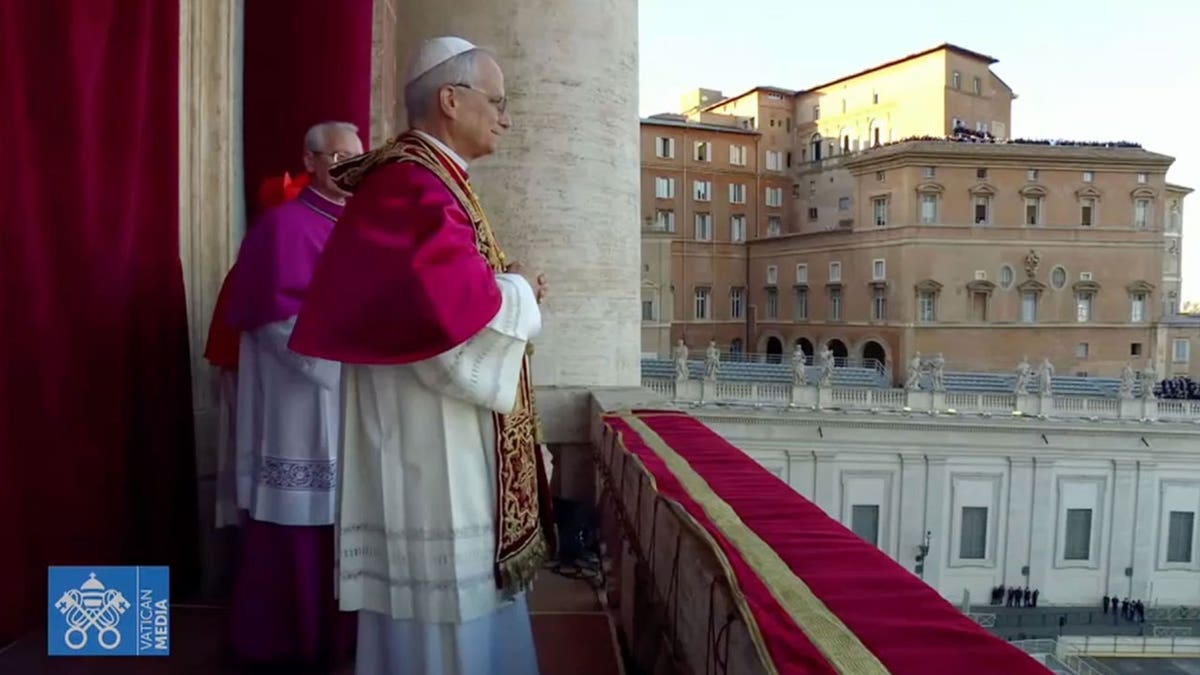 Pope Leo XIV seen from profile, looking out at crowd