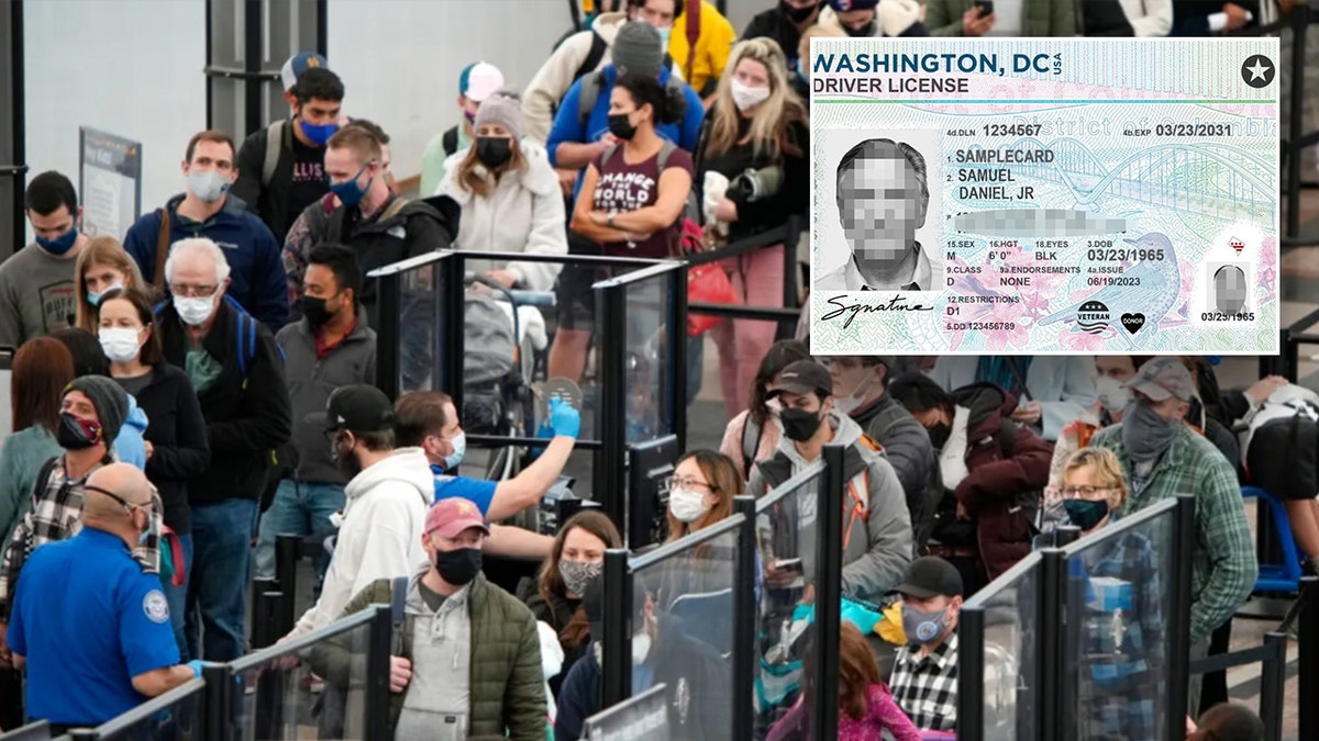 airport security line, main photo; REAL ID photo id, right inset
