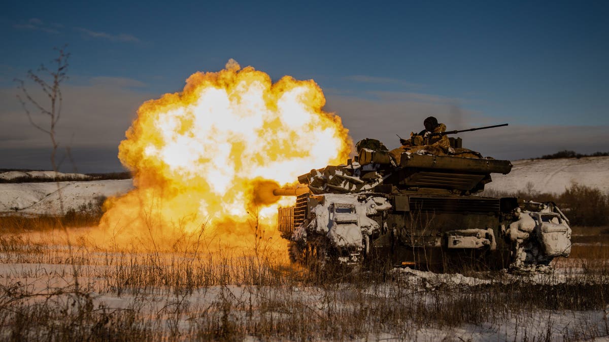 A Ukrainian T64 battle tank fires on a Russian troops position on Jan. 9, 2024, in Donetsk Oblast, Ukraine. 