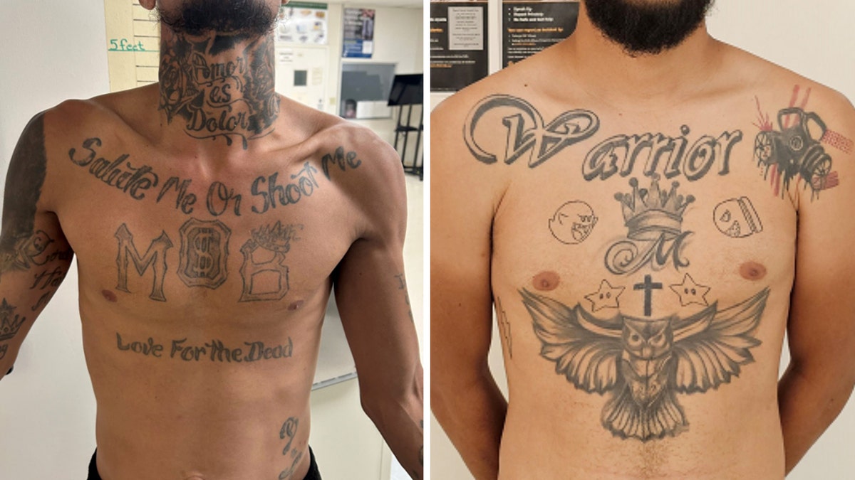 Tren de Aragua gang tattoos on shirtless men