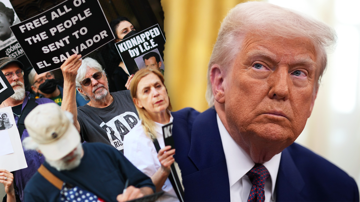 A split image of demonstrators in New York City, protesting the Trump administration's use of the Alien Enemies Act to more quickly deport certain migrants from the U.S. to El Salvador, alongside a photo of U.S. President Donald Trump at the White House in 2025. Photos via Getty images