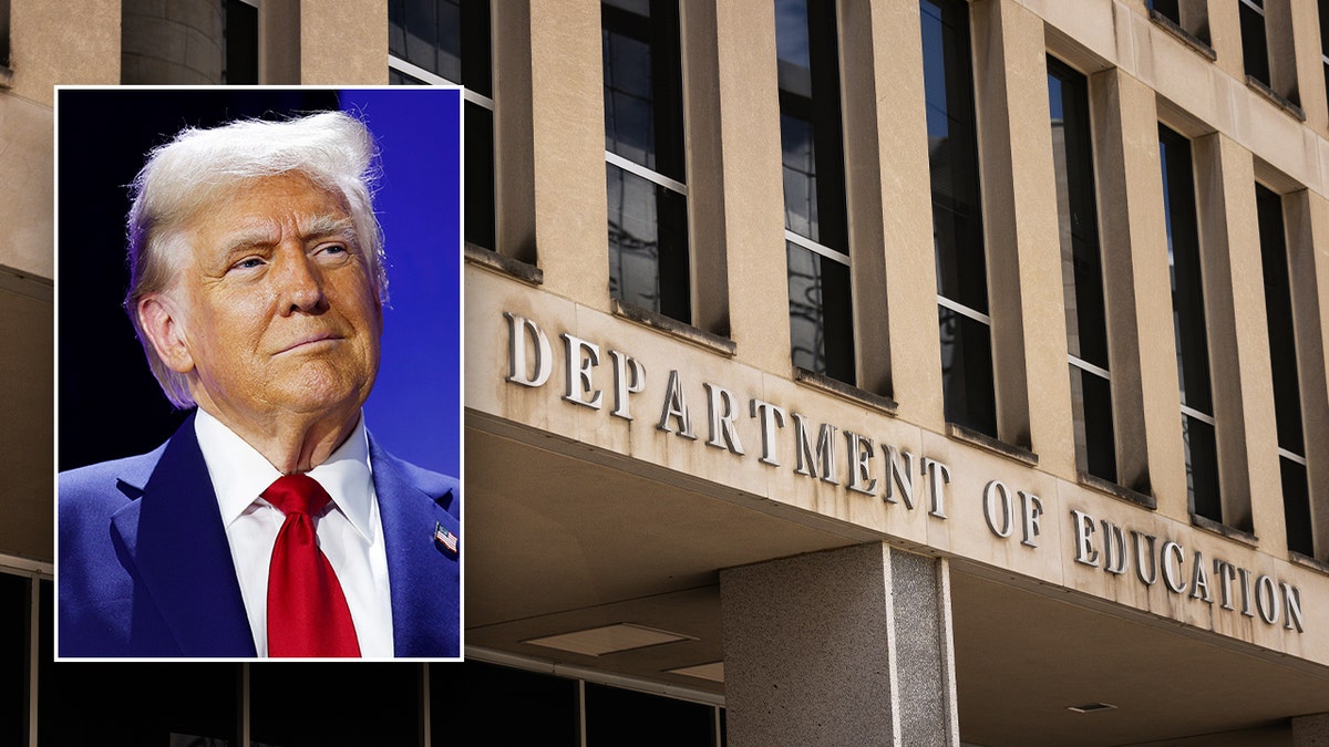 Trump, left inset; Dept of Education building main image