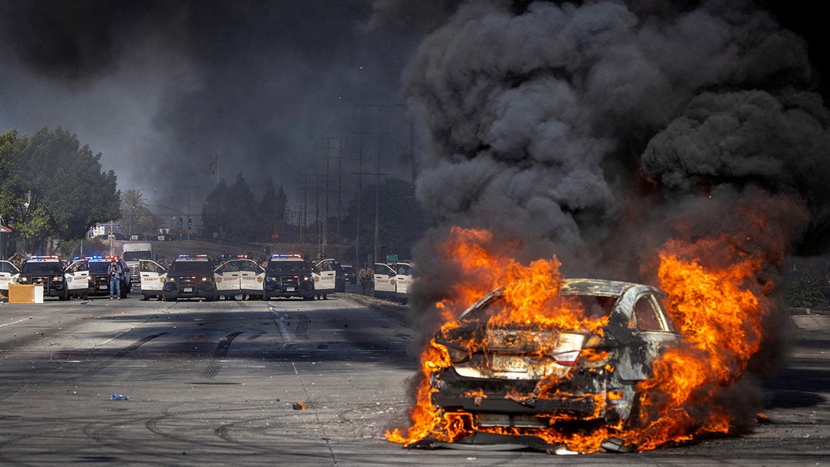 burning car in LA riot