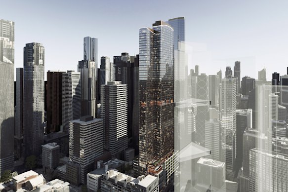 An artist’s impression of the proposed 380 Queen Street site against the CBD skyline.