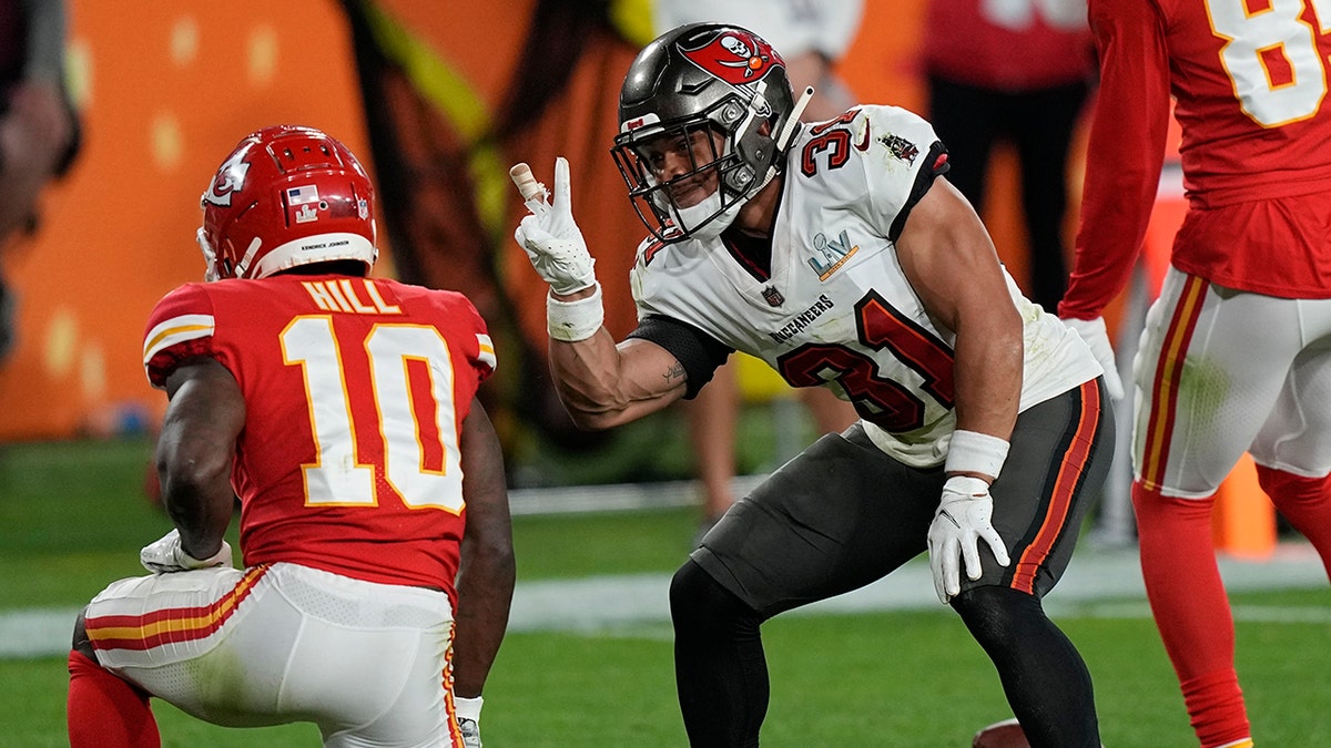 Buccaneers strong safety Antoine Winfield Jr. taunts Kansas City Chiefs wide receiver Tyreek Hill after a play during Super Bowl LV, Feb. 7, 2021, in Tampa, Florida.