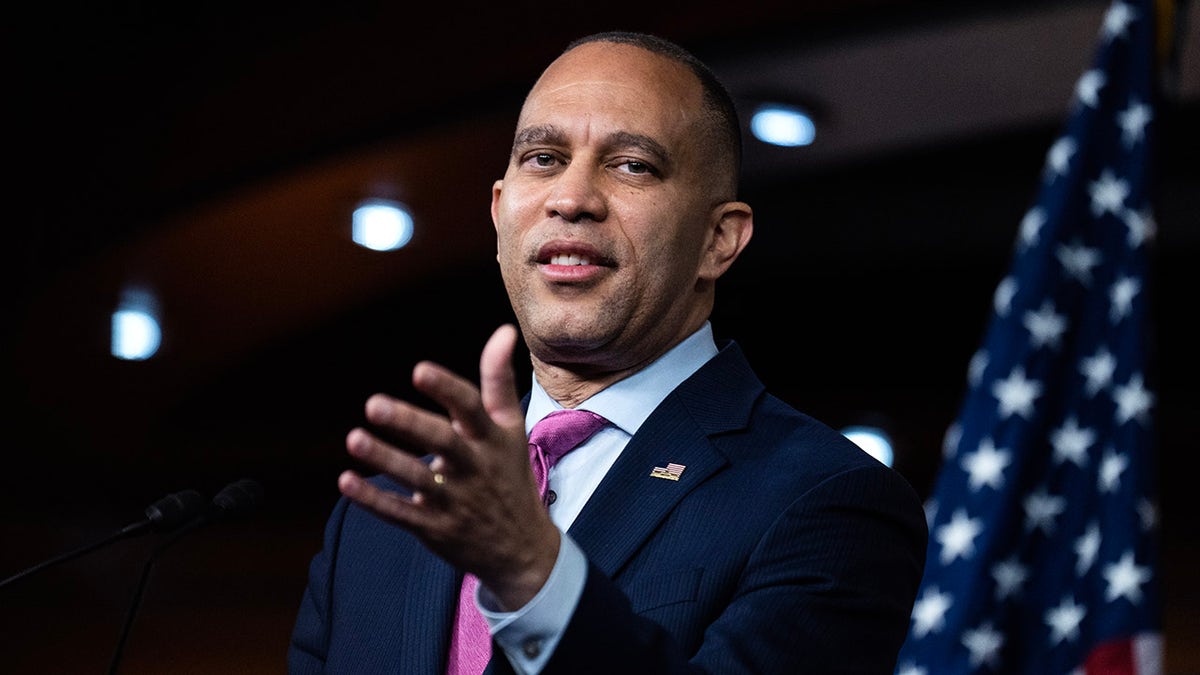 Hakeem Jeffries at Capitol presser with his hand out