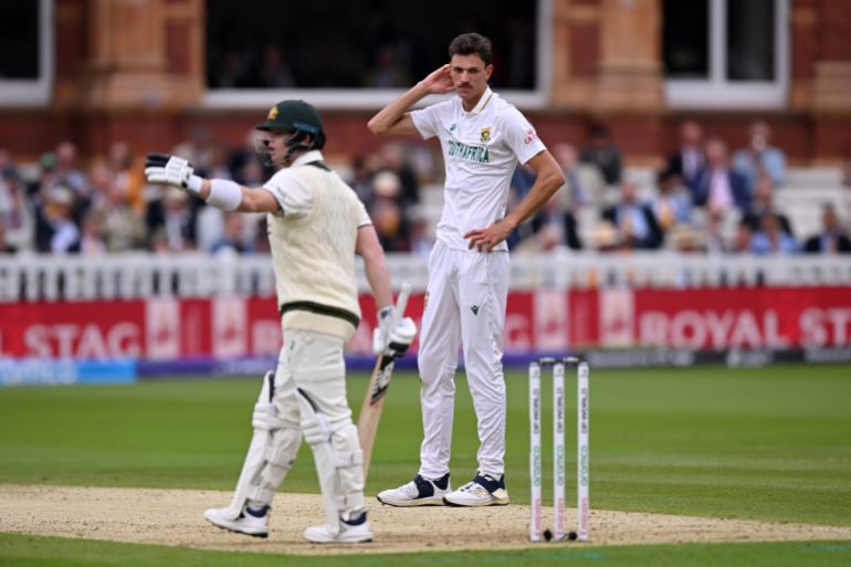Marco Jansen of South Africa reacts after an unsuccessful review of the wicket of Steve Smith of Australia during Day One of the ICC World Test Championship Final