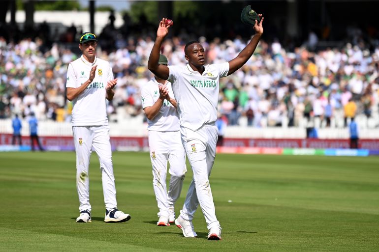 Kagiso Rabada of South Africa salutes the crowd as he leaves the field during day one of the ICC World Test Championship Final between South Africa and Australia at Lord's Cricket Ground on June 11, 2025 in London, England.
