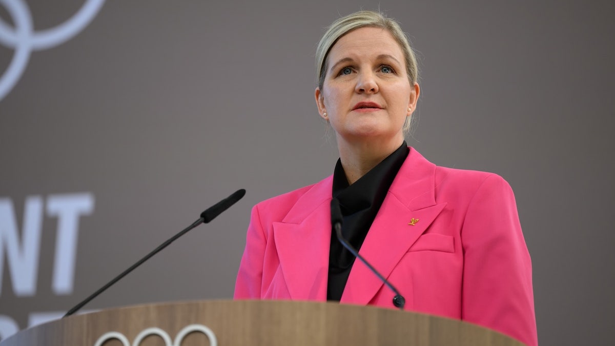 International Olympic Committee (IOC) President Kirsty Coventry speaks during the International Olympic Committee (IOC) presidential handover ceremony at Olympic House on June 23, 2025, in Lausanne, Switzerland. Kirsty Coventry will succeed the ninth IOC President, Thomas Bach. Coventry was elected in March 2025 and is the first female President in IOC history.