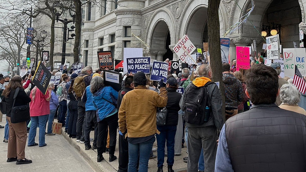 Supporters of Judge Hannah Dugan protest outside the United States Federal Building and Courthouse in Milwaukee, Wis. on Thursday, May 15.