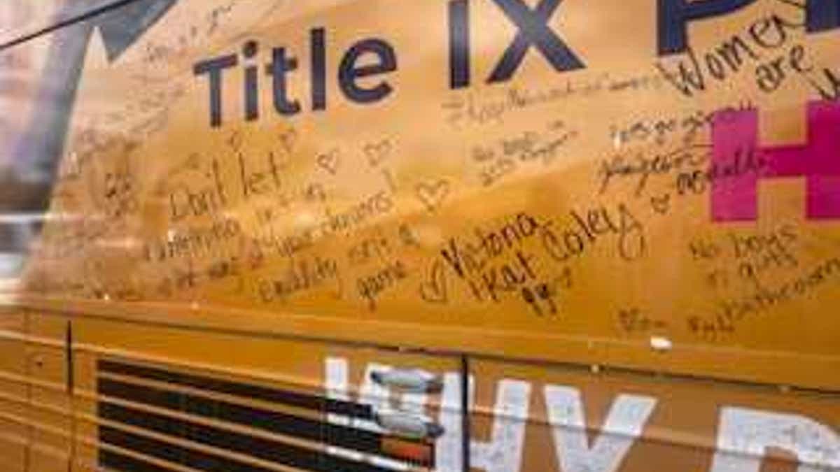 Independent Women's Forum bus with eggshells after alleged vandalism.