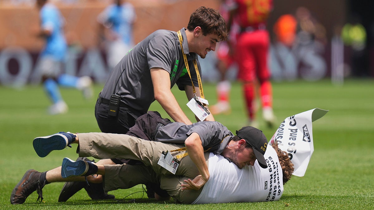 Protestor tackled