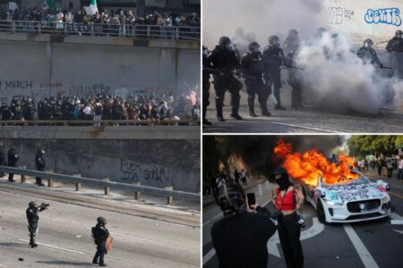 2,000 LA anti-ICE rioters takeover 101 Freeway downtown as self-driving cars lit on fire in chaotic scene