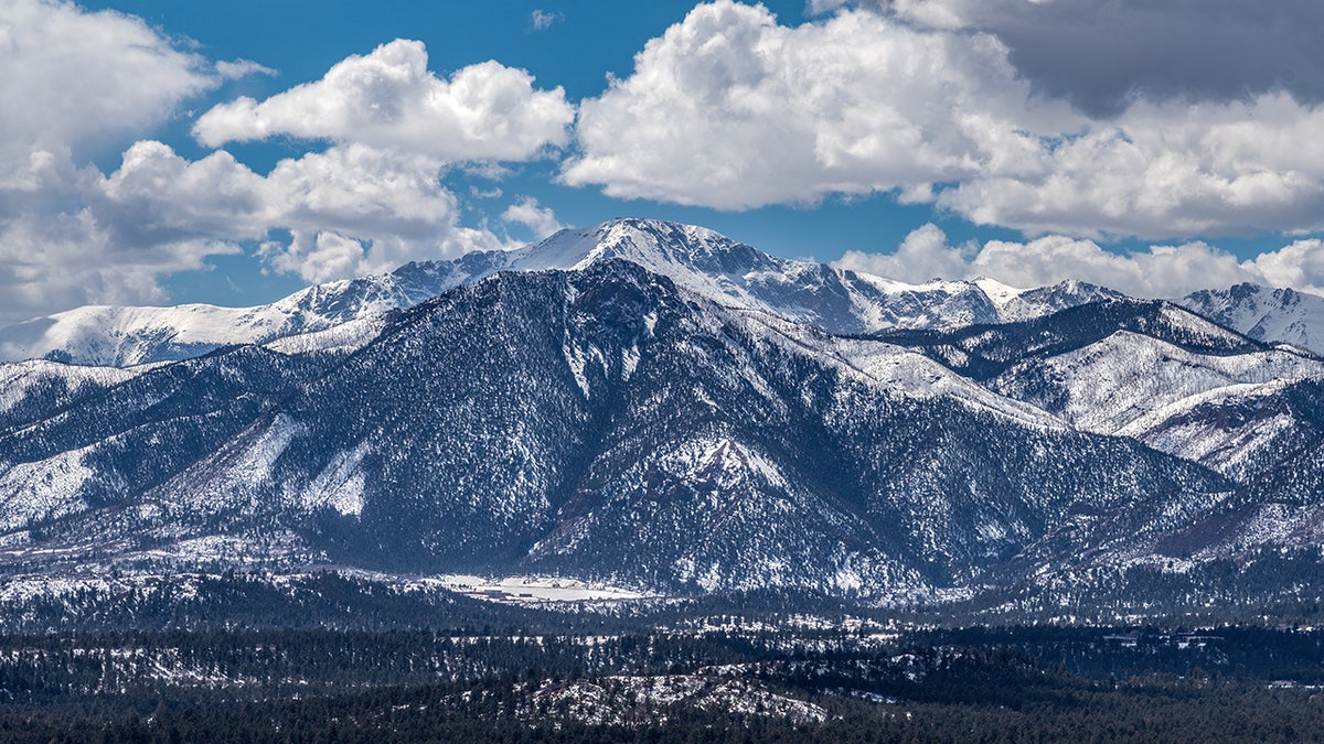 Pikes peak with white snowcaps taken from a distance