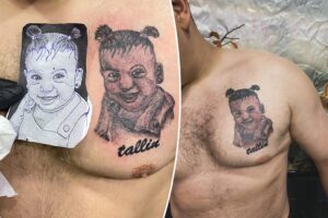 Tattoo artist roasted for ‘demon-like’ image of client’s baby: ‘I’m sorry you lost your dog bro’