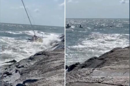 Sailboat carrying 10 sinks after crashing into New Jersey jetty during rough seas