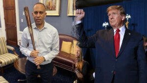 Jeffries sparks social media firestorm with ‘low energy’ pic holding baseball bat opposing Trump bill