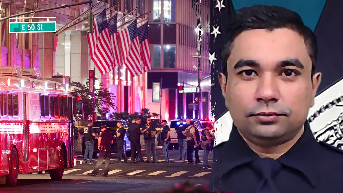 Didarul Islam, right; first responders outside office building, left