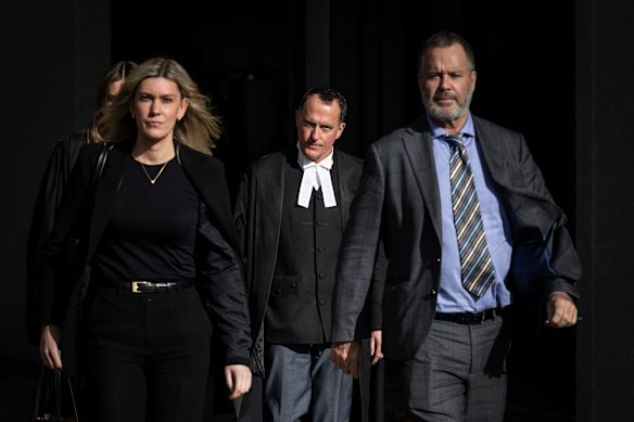 Erin Patterson’s defence team (from left) Ophelia Hollway, barrister Colin Mandy, SC, and Bill Doogue outside court last week.