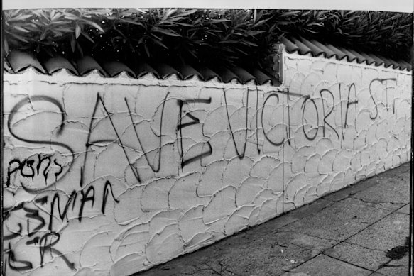Graffiti on the wall outside of Frank Theeman’s mansion in Bellevue Hill.