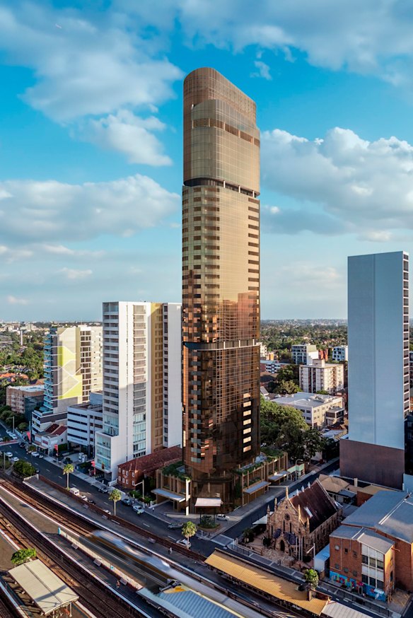 It’s a long way to the top. An artist’s impression of the glittering tower proposed for the site of the birthplace of AC/DC, in Burwood.