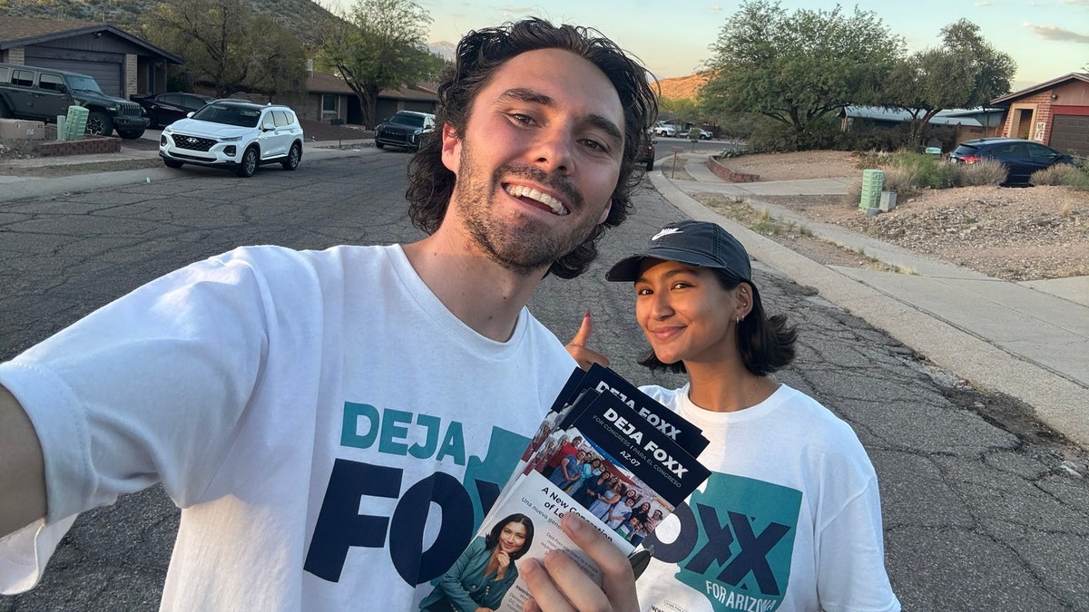 Former DNC Vice Chair David Hogg campaigns with Democratic congressional candidate Deja Foxx in Arizona on July 12, 2025.