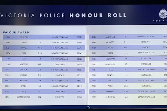 The Victoria Police Honour Board showing Sherwell’s Valour Award.