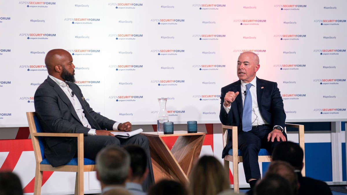 U.S. Secretary of Homeland Security Alejandro Mayorkas R speaks during a discussion of the Aspen Security Forum in Aspen, Colorado, the United States on July 19, 2022.