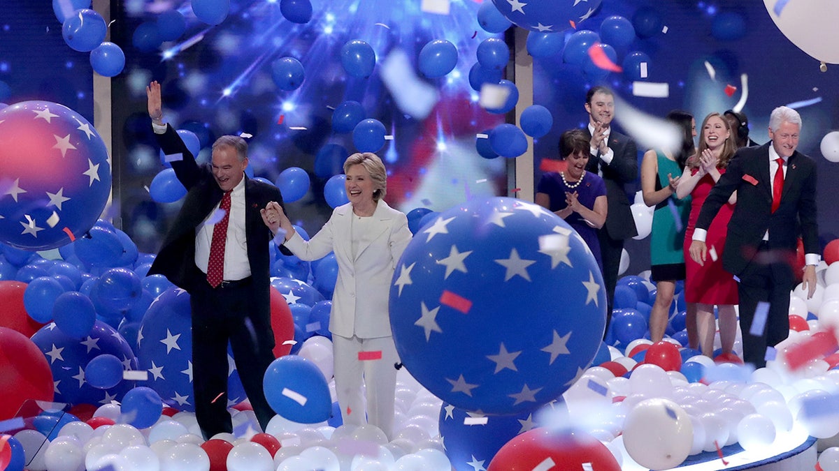 Hillary Clinton with Tim Kaine on stage, DNC 2016