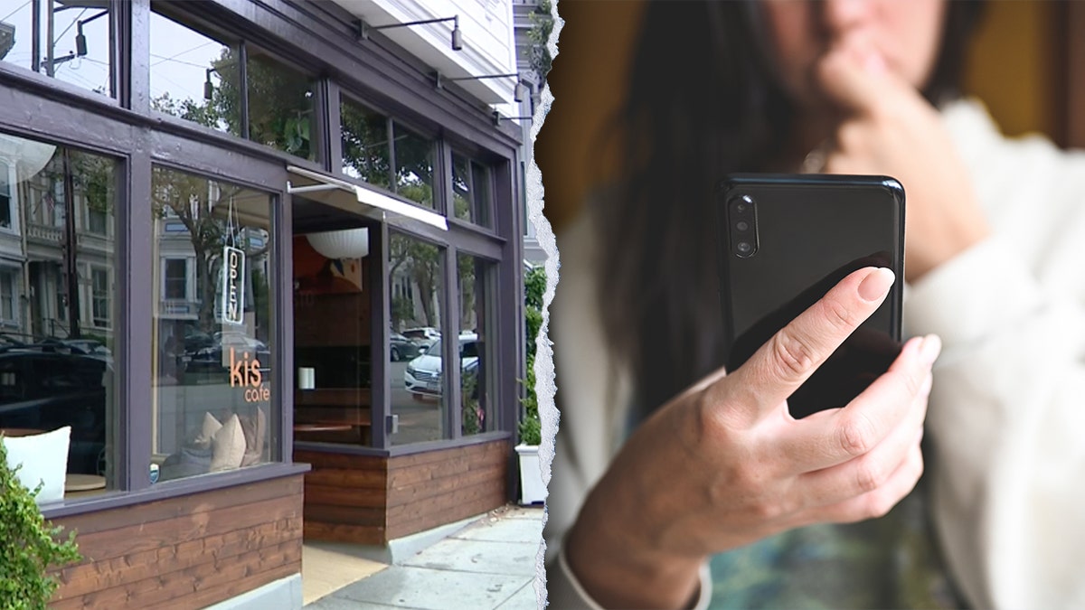 Split image of Kis Cafe, woman holding phone