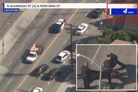 California driver arrested after slow-speed chase in rickety stolen truck with 3 popped tires: video