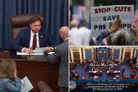 Vance casts tie-breaking votes to move forward .4B rescissions package — which would defund PBS and NPR — in Senate