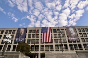 Giant Donald Trump Portrait Draped Over Department of Labor Building in DC