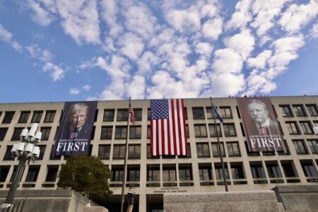 Giant Donald Trump Portrait Draped Over Department of Labor Building in DC