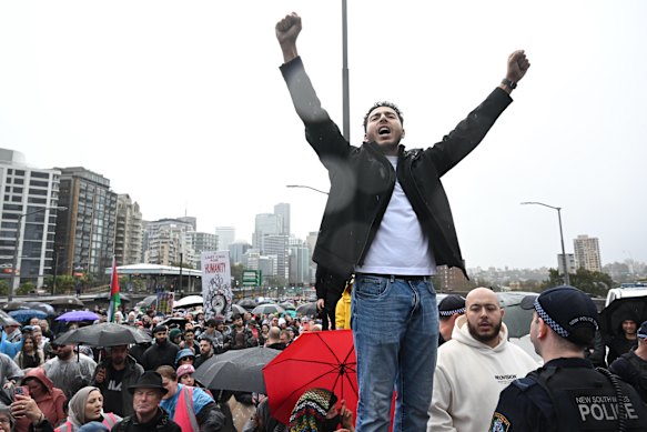 Pro-Palestine protesters march across the Sydney Harbour Bridge.