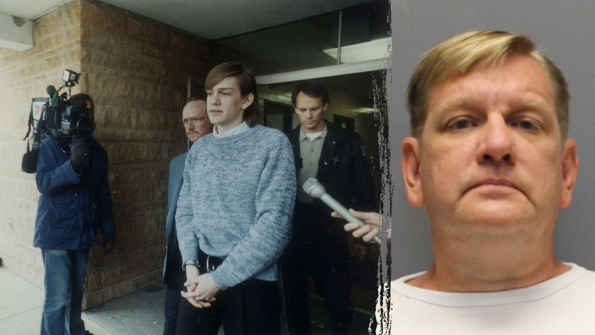 David Brom was escorted to a car in handcuffs as a teen in 1989 split with his current mugshot
